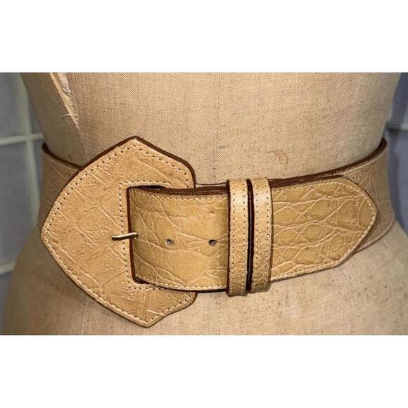 Vintage Sandy Duftler Y2K 90s Tan Leather Chunky Buckle Statement Belt 25-28” XS main image 4